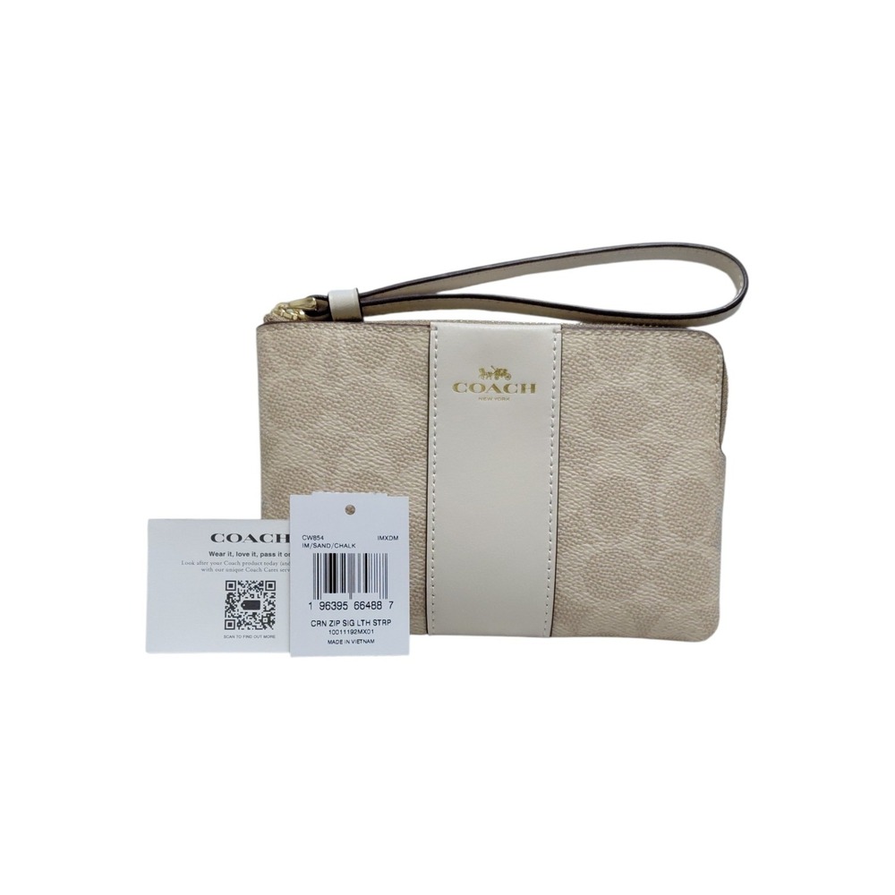 COACH NWT Corner Zip Wristlet in Signature Canvas with Stripe Gold/Sand/Chalk